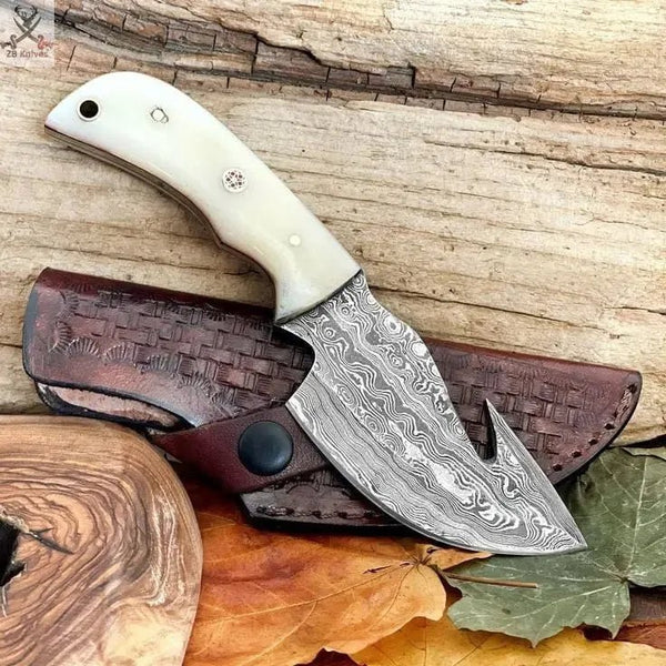 8" Inches HAND FORGED Full Tang Damascus Steel Gut Hook Skinning Knife+ Leather sheath - ZB Knives Store