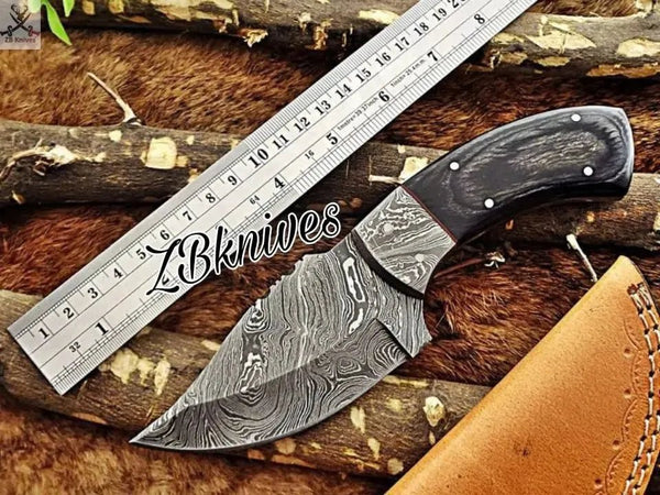 8" Inches HAND FORGED Full Tang Damascus Steel Skinning Knife + leather sheath - ZB Knives Store
