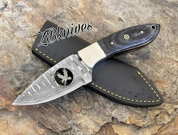 8" Inches HAND FORGED Full Tang Damascus Steel Skinning Knife + leather sheath - ZB Knives Store