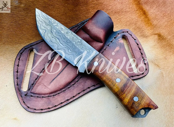 8" Inches HAND FORGED Full Tang Damascus Steel Skinning Knife+ Leather Sheath - ZB Knives Store