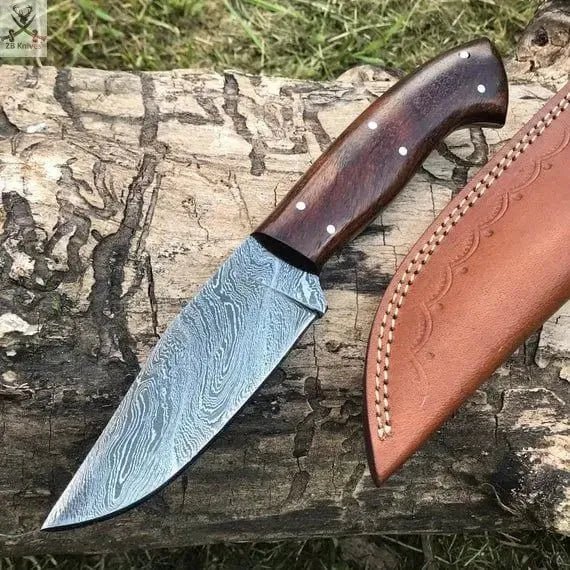8" Inches HAND FORGED Full Tang Damascus Steel Skinning Knife+ Leather sheath - ZB Knives Store