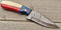 Texas Pride Damascus Skinner - 8" Full Tang Blade with Leather Sheath & Flag Design - ZB Knives Store