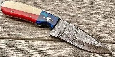 Texas Pride Damascus Skinner - 8" Full Tang Blade with Leather Sheath & Flag Design - ZB Knives Store
