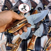 8" inches HAND FORGED Full Tang Damascus Steel Gut Hook Skinning Knife + Leather Sheath - ZB Knives Store