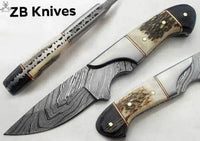 8" inches HAND FORGED Full Tang Damascus Steel Skinning Knife + Leather Sheath - ZB Knives Store