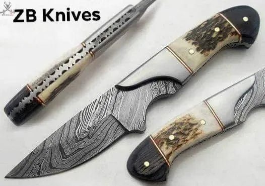 8" inches HAND FORGED Full Tang Damascus Steel Skinning Knife + Leather Sheath - ZB Knives Store