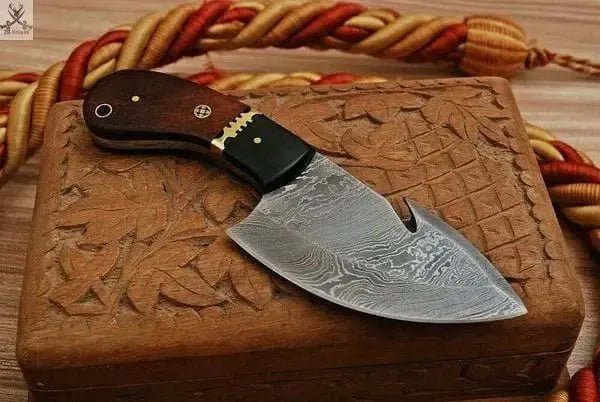 8"inches HAND FORGED Full Tang Damascus Steel Gut Hook Skinning Knife + Leather Sheath - ZB Knives Store