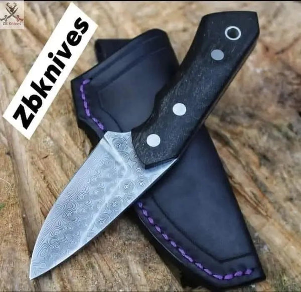 8"inches HAND FORGED Full Tang Damascus Steel Skinning Knife + Leather Sheath - ZB Knives Store