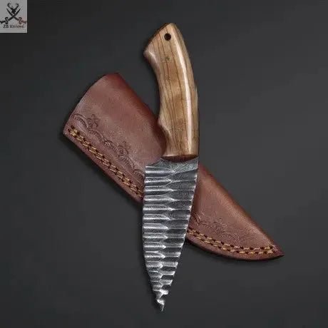 8"inches HAND FORGED Full Tang Damascus Steel Skinning Knife + Leather Sheath - ZB Knives Store