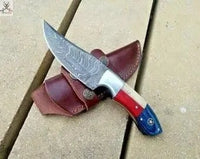 Custom Texas Flag Skinning Knife - 8" Damascus Blade & Premium Leather Sheath - ZB Knives Store