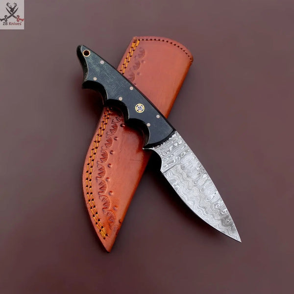 8"inches HAND FORGED Full Tang Damascus Steel Skinning Knife + Leather Sheath - ZB Knives Store