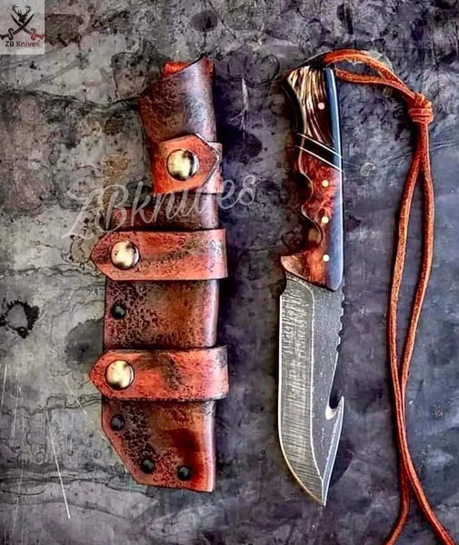 9.5" HAND FORGED Fixed Blade 1095 High Carbon Steel Gut Hook Hunting Knife + leather sheath - ZB Knives Store