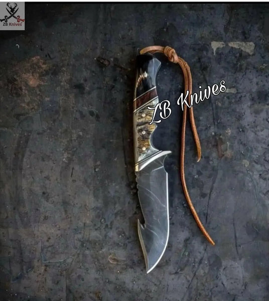 9.5" Inches HAND FORGED 1095 High Carbon Steel Gut Hook Hunting knife + Leather Sheath - ZB Knives Store