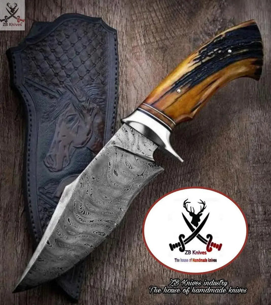 9.5" Inches HAND FORGED Damascus Steel Hunting knife+ Leather sheath - ZB Knives Store