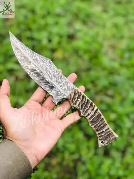 9.5" Inches HAND FORGED Special Feather Damascus Steel Hunting Knife🔥🔥🔥 + leather sheath - ZB Knives Store