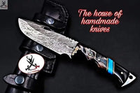 9.5" inches HAND FORGED Damascus Steel Gut Hook Hunting Knife + Leather Sheath - ZB Knives Store