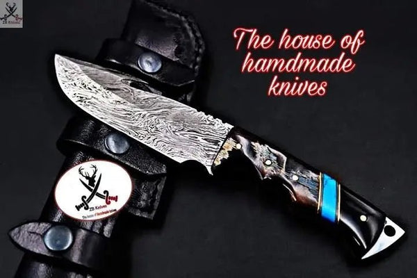 9.5" inches HAND FORGED Damascus Steel Gut Hook Hunting Knife + Leather Sheath - ZB Knives Store