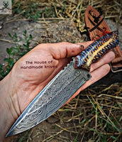 9.5"inches HAND FORGED Full Tang Damascus Steel Hunting Knife + Leather Sheath - ZB Knives Store