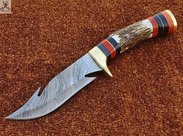 9" Inches HAND FORGED Fixed Blade Damascus Steel Gut Hook Hunting Knife+ Leather sheath - ZB Knives Store