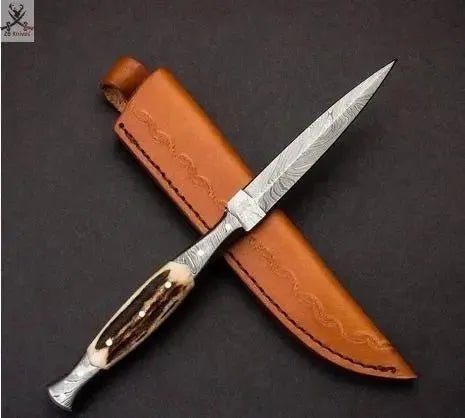 9" Inches HAND FORGED Full Tang Damascus Steel Dagger knife+ Leather sheath - ZB Knives Store