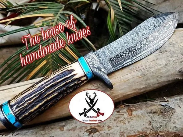 9" inches HAND FORGED Fixed Blade Damascus Steel Hunting Knife + Leather Sheath - ZB Knives Store