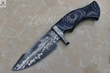 9" inches HAND FORGED Fixed Blade Special Feather Damascus Steel Hunting Knife🖤🖤🖤 + leather sheath - ZB Knives Store