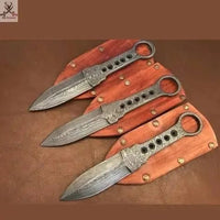 9" inches HAND FORGED Full Tang Damascus Steel Double edge Throwing knives 3 Piece set+ leather sheath - ZB Knives Store