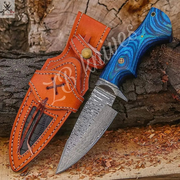 9"inches HAND FORGED Fixed Blade Damascus Steel Hunting skinner Knife + Leather Sheath - ZB Knives Store