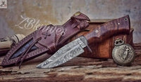 9"inches HAND FORGED Fixed Blade Special Feather Damascus Steel Hunting Knife + Leather Sheath - ZB Knives Store