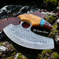 Alaskan Ulu Knife - Damascus Steel Blade With Custom Leather Sheath - ZB Knives Store