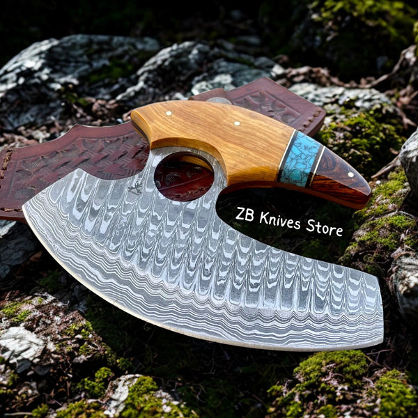 Alaskan Ulu Knife - Damascus Steel Blade With Custom Leather Sheath - ZB Knives Store