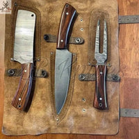 3 - Piece Damascus Steel BBQ Knife Set with Wood Handle & Leather Roll – Ultimate Grilling Companion - ZB Knives Store