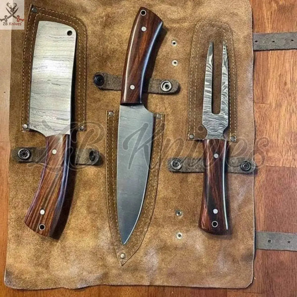 3 - Piece Damascus Steel BBQ Knife Set with Wood Handle & Leather Roll – Ultimate Grilling Companion - ZB Knives Store