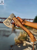 Battle AXE - Ash Wood Handle, Engraved High Carbon Forged Steel Head - ZB Knives Store