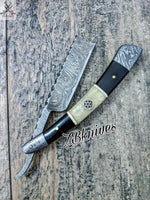 Beautiful HAND FORGED Damascus Steel Straight Razor knife + leather sheath - ZB Knives Store