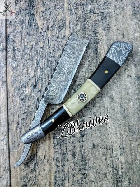 Beautiful HAND FORGED Damascus Steel Straight Razor knife + leather sheath - ZB Knives Store