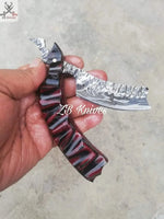 Beautiful HAND FORGED Damascus Steel Straight Razor knife + leather sheath - ZB Knives Store