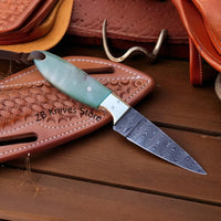 Belt Knife – 6.25 Damascus Steel Blade with Colored Bone Handle & Brass Bolster