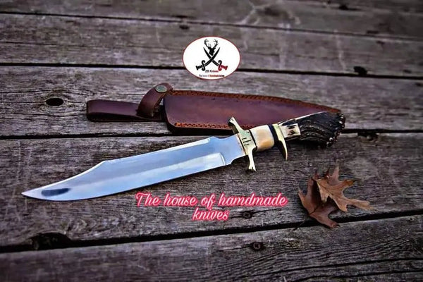 Custom Handmade Bowie Knife – 17-inch Length with Deer Stag Horn Handle, Camel Bone, and Leather Sheath  - ZB Knives Store