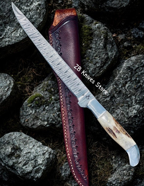 Boning Knife – Fillet Knife with Damascus Steel Blade & Deer Horn Handle - ZB Knives Store