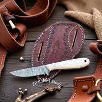 Buckaroo Belt Knife – 6.25" Damascus Steel Blade with Bone Handle & Leather Sheath perfectly  made for cowboys by ZB Knives