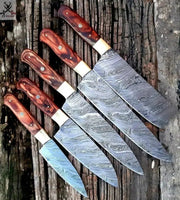 CUSTOM HANDMADE DAMASCUS 5 PCS CHEF SET WITH LEATHER ROLL KIT - ZB Knives Store