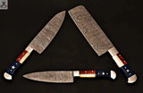CUSTOM HANDMADE DAMASCUS STEEL 4 PCS TEXAS HANDLE CHEF SET WITH LEATHER ROLL KIT - ZB Knives Store