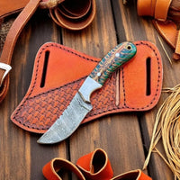 Cowboy Knife With Sheath – 8" Damascus Steel Blade & Green Epoxy Pine Cone Resin Handle - ZB Knives Store
