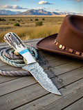 Cowboy Knife – 3.6" Raindrops Damascus Blade with Antler & Turquoise