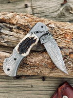 Custom Handmade Cowboy Pocket Knife – Damascus Steel, Stag Horn Handle - ZB Knives Store