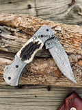 Custom Handmade Cowboy Pocket Knife – Damascus Steel, Stag Horn Handle - ZB Knives Store