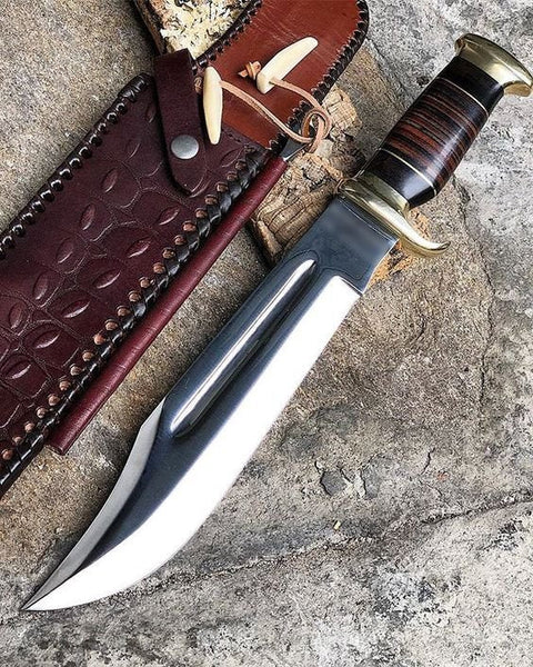 Crocodile Dundee Knife – 16" 440C Steel Blade with Buffalo Horn Handle, Brass Guard & Sheath - ZB Knives Store
