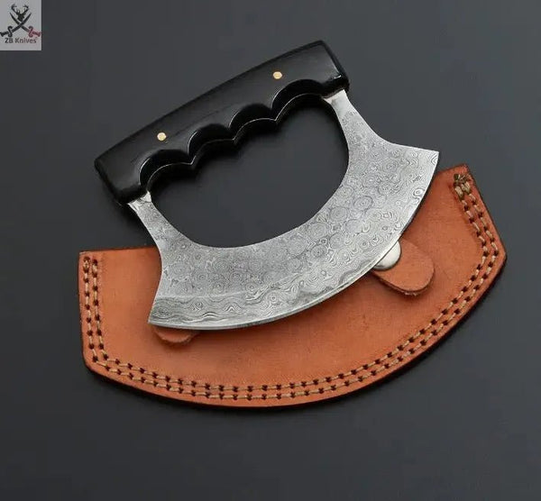 Custom Handmade Damascus Steel Ulu Knife Handle Buffalo Horn With Leather Sheath - ZB Knives Store