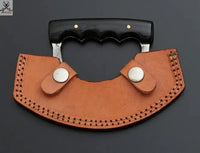 Custom Handmade Damascus Steel Ulu Knife Handle Buffalo Horn With Leather Sheath - ZB Knives Store